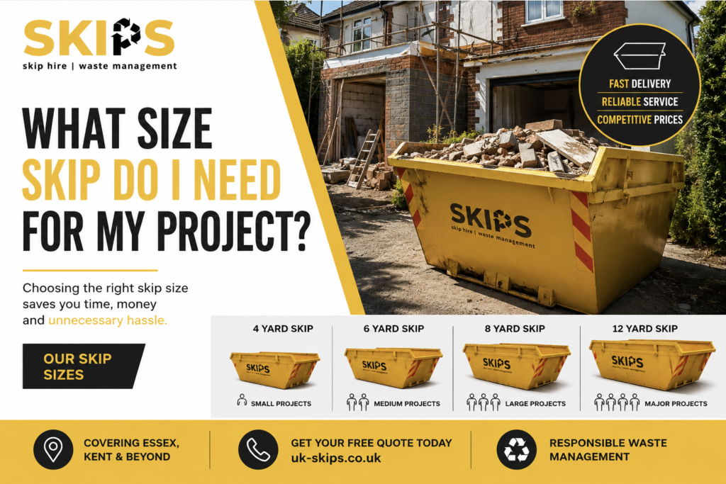 Yellow builders skip outside a home renovation project, illustrating how to choose the right skip size for domestic and commercial waste removal. UK Skips providing reliable skip hire across Essex, Kent and the UK.